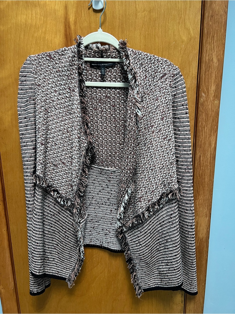 White House Black Market Brown and Cream Fringe Open-Front Cardigan